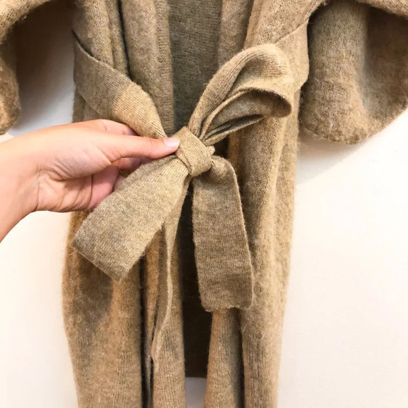 American Vintage Cream Tight Knit Tie Waist Open Quarter Sleeve Cardigan Sweater - Picture 5 of 10